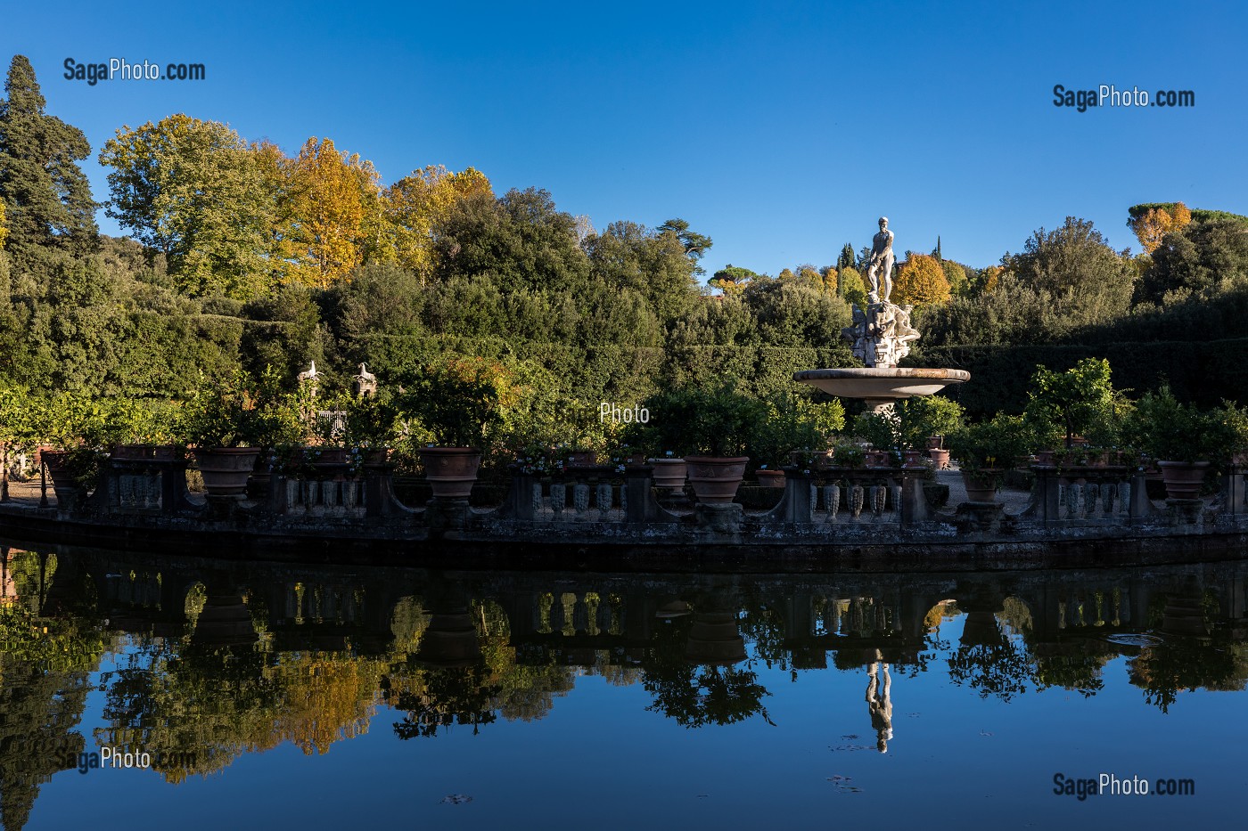 REFLETS DE STATUES ET D'ARBUSTES DANS LA FONTAINE DE L'OCEAN, JARDIN DE BOBOLI, FLORENCE, TOSCANE, ITALIE 