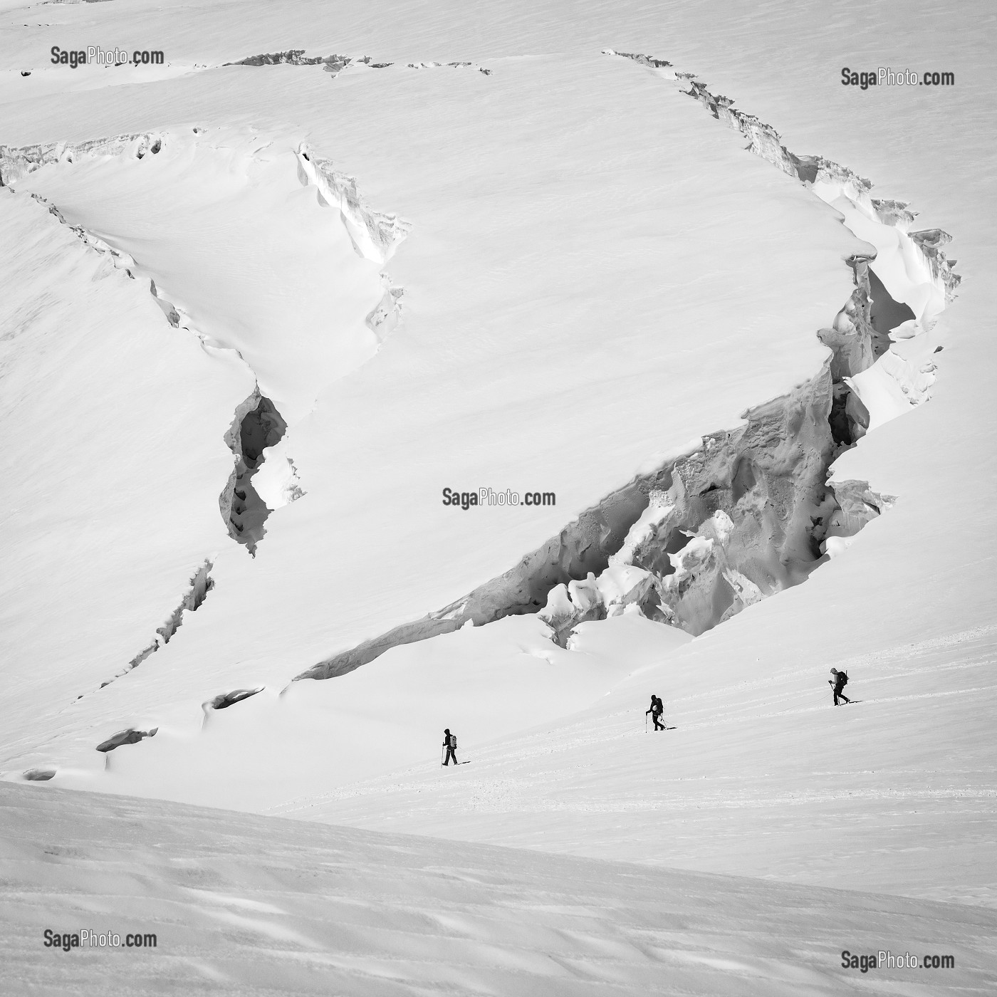 ALPINISTES TRAVERSANT UN GLACIER AU PIED DE GRANDES CREVASSES OUVERTES, MASSIF DU MONT-ROSE, GRESSONEY-LA-TRINITE, VAL D'AOSTE, ITALIE 