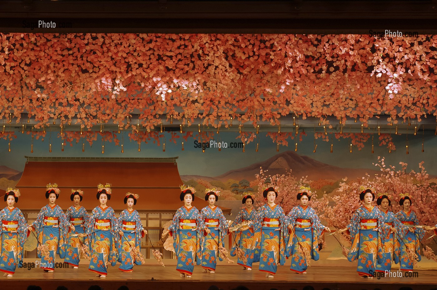 DANSE DES CERISIERS INTERPRETEE PAR LES GEIKOS ET MAIKOS DANSEUSES (TACHIKATA), SPECTACLE MIYAKO-ODORI AU THEATRE KABURENJO DE DANSE TRADITIONNELLE, QUARTIER DE GION-KOBU, KYOTO, JAPON, ASIE 