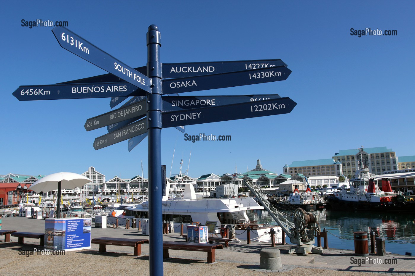 PANNEAU INDIQUANT LES PRINCIPALES DIRECTIONS DANS LE MONDE, QUARTIER DU VICTORIA AND ALBERT WATERFRONT, LE CAP, PROVINCE DU CAP OCCIDENTAL, AFRIQUE DU SUD 