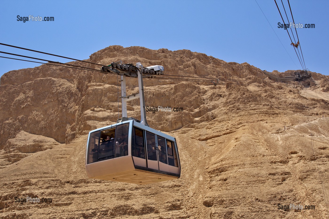 TELEPHERIQUE DESCENDANT DU SOMMET DE MASSADA (OU METZUDA), SITE CLASSE PATRIMOINE MONDIAL DE L'UNESCO, REGION DE LA MER MORTE, ISRAEL 