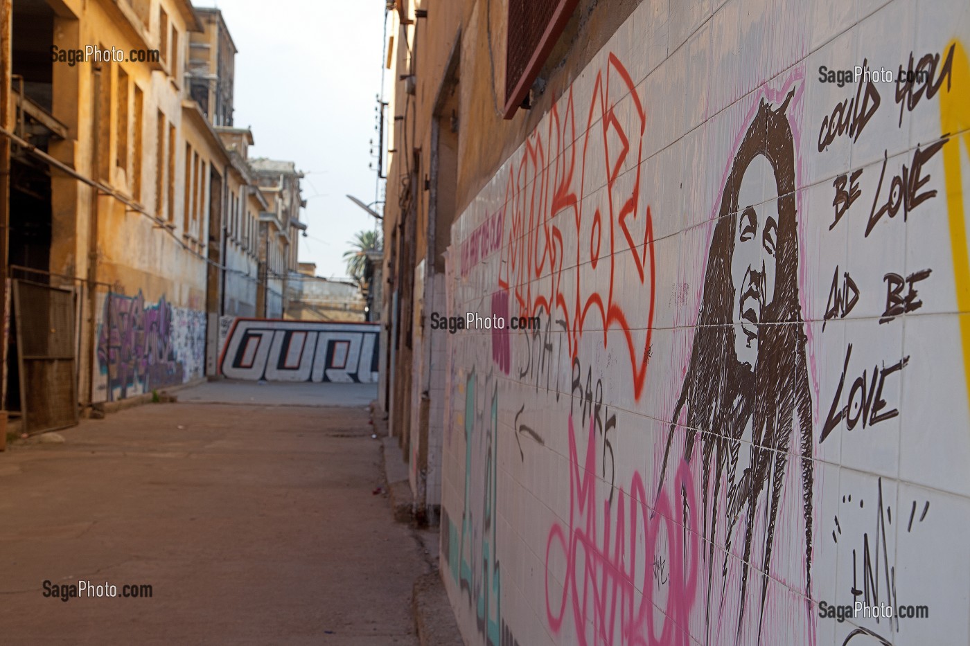 GRAFFITI DE BOB MARLEY SUR LE SITE DESAFFECTE DES ABATTOIRS DE CASABLANCA, FRICHE URBAINE EN BETON ARME, HERITAGE DU MARECHAL LYAUTEY, MAROC 