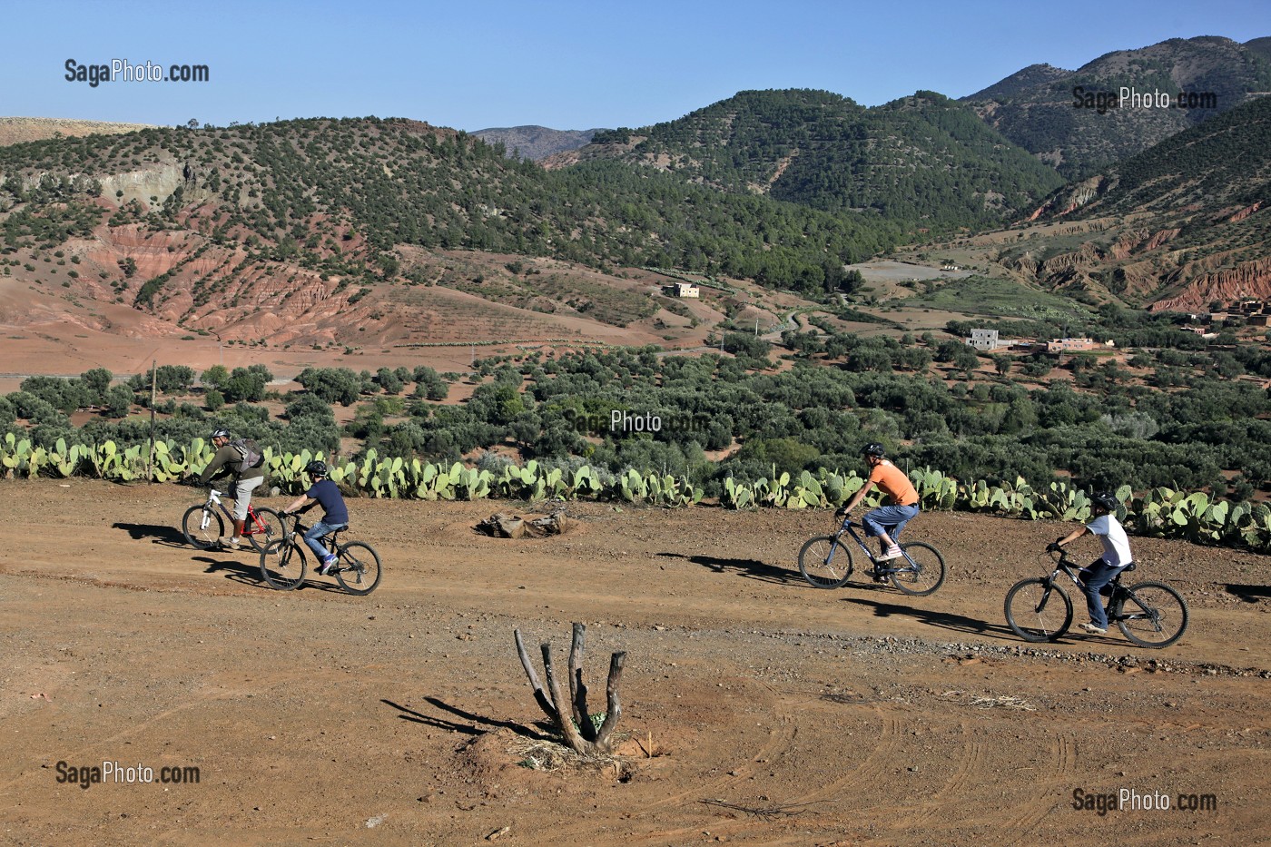 RANDONNEE A VTT AVEC UN GUIDE AUTOUR DU VILLAGE BERBERE DE TAHANAOUTE, ACTIVITE SPORTIVE DU DOMAINE DE TERRES D'AMANAR, AL HAOUZ, MAROC 
