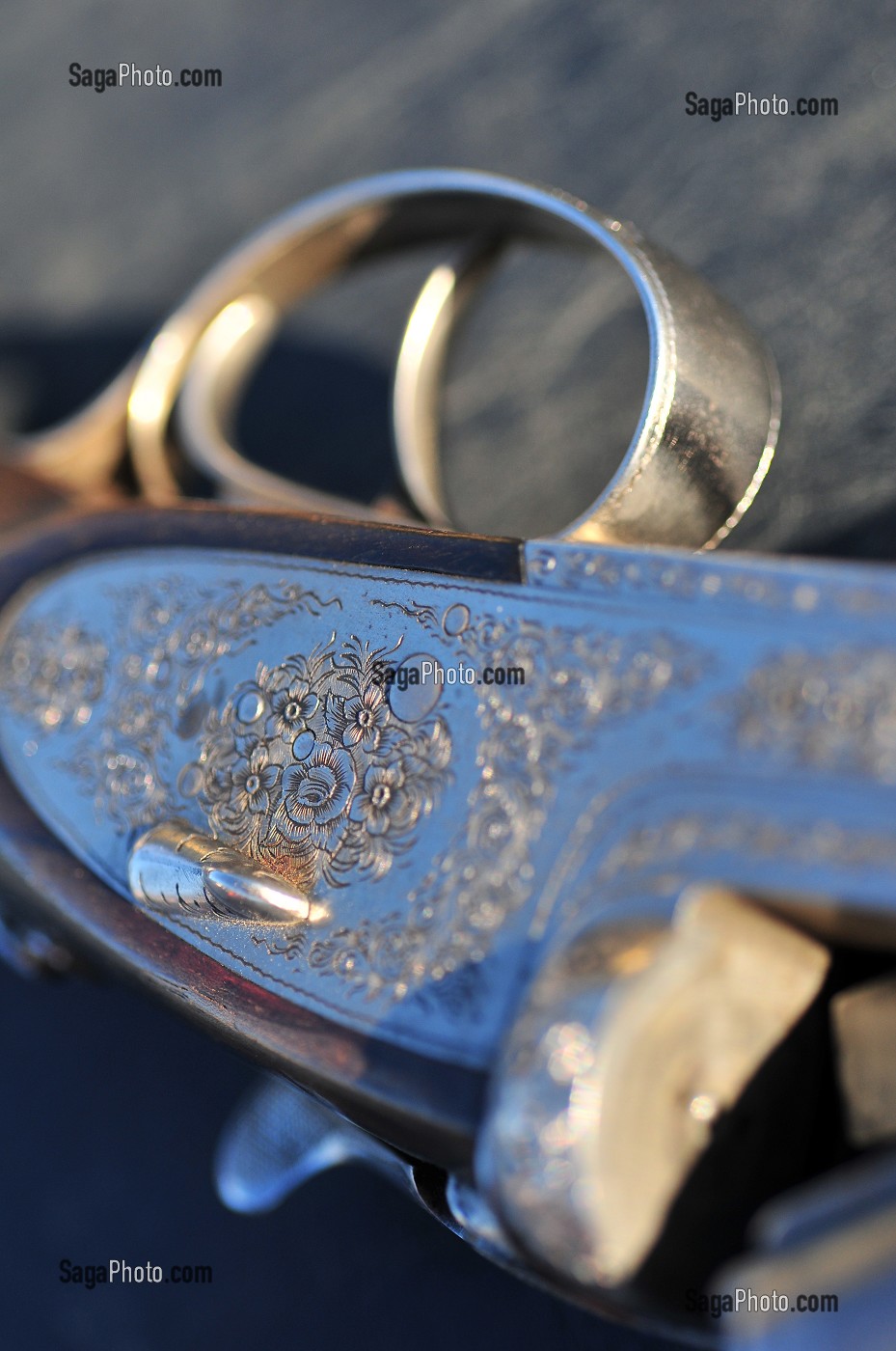 DETAIL DU CORPS DE PLATINE DECORE D'UN FUSIL DE CHASSE 
