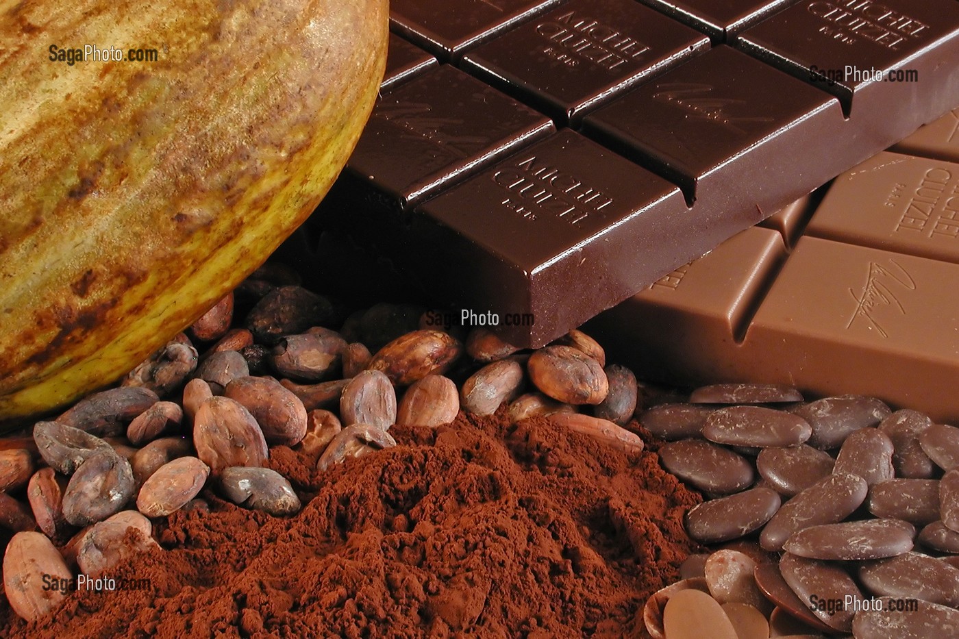 DETAIL DES DIFFERENTES FORMES DU CACAO (CABOSSE, FEVES, POUDRE, BONBONS DE CHOCOLAT, TABLETTES), CHOCOLATERIE MICHEL CLUIZEL, DAMVILLE (27), FRANCE 