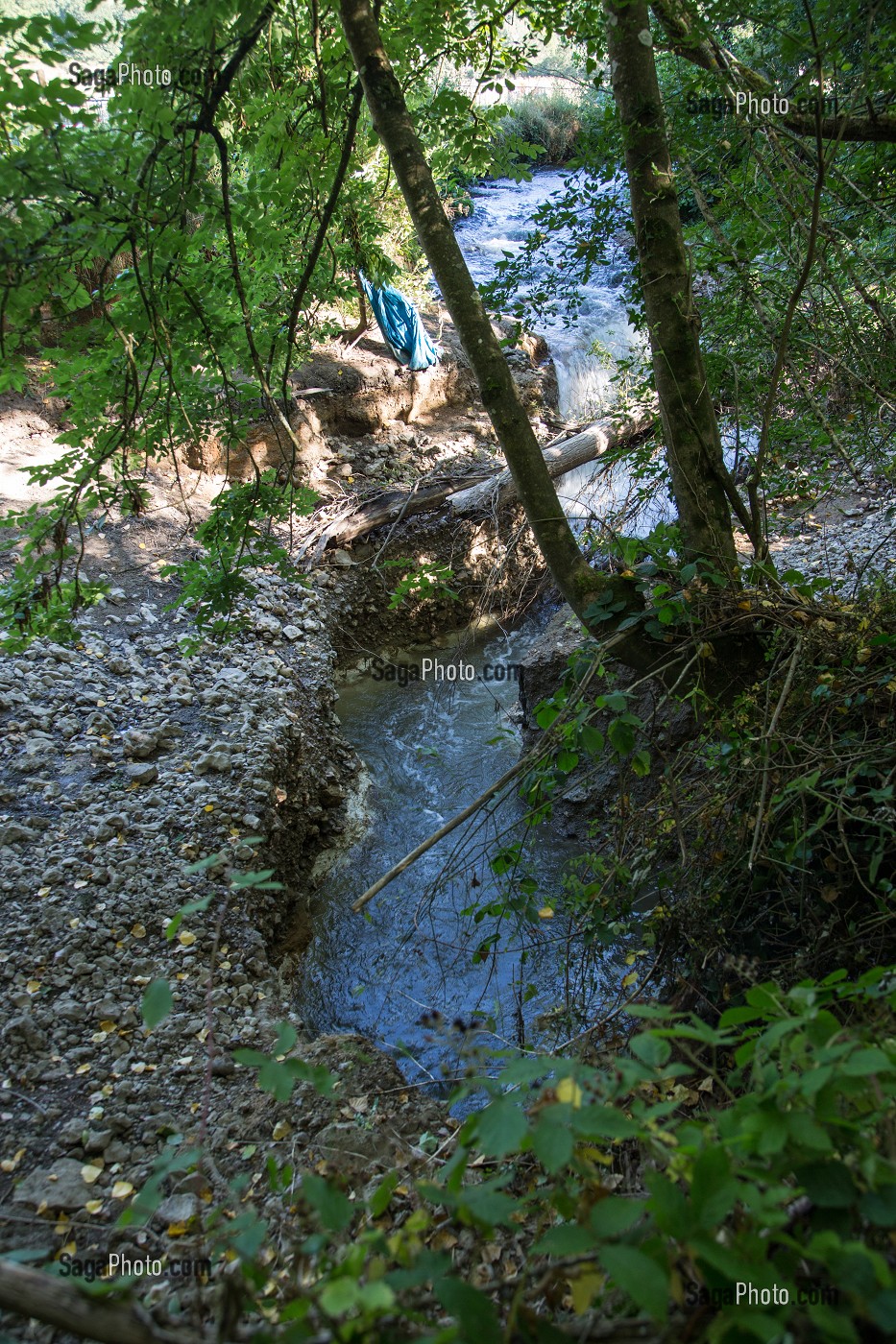 DISPARITION DE LA RIVIERE LA RISLE DANS UNE BETOIRE, ENORME TROU DE PLUSIEURS METRES DANS LA TERRE QUI AVALE TOUT LE DEBIT DE L'EAU, ASSECHANT LE LIT DE LA RIVIERE SUR PLUS DE 12 KILOMETRES, AJOU, EURE (27), FRANCE 