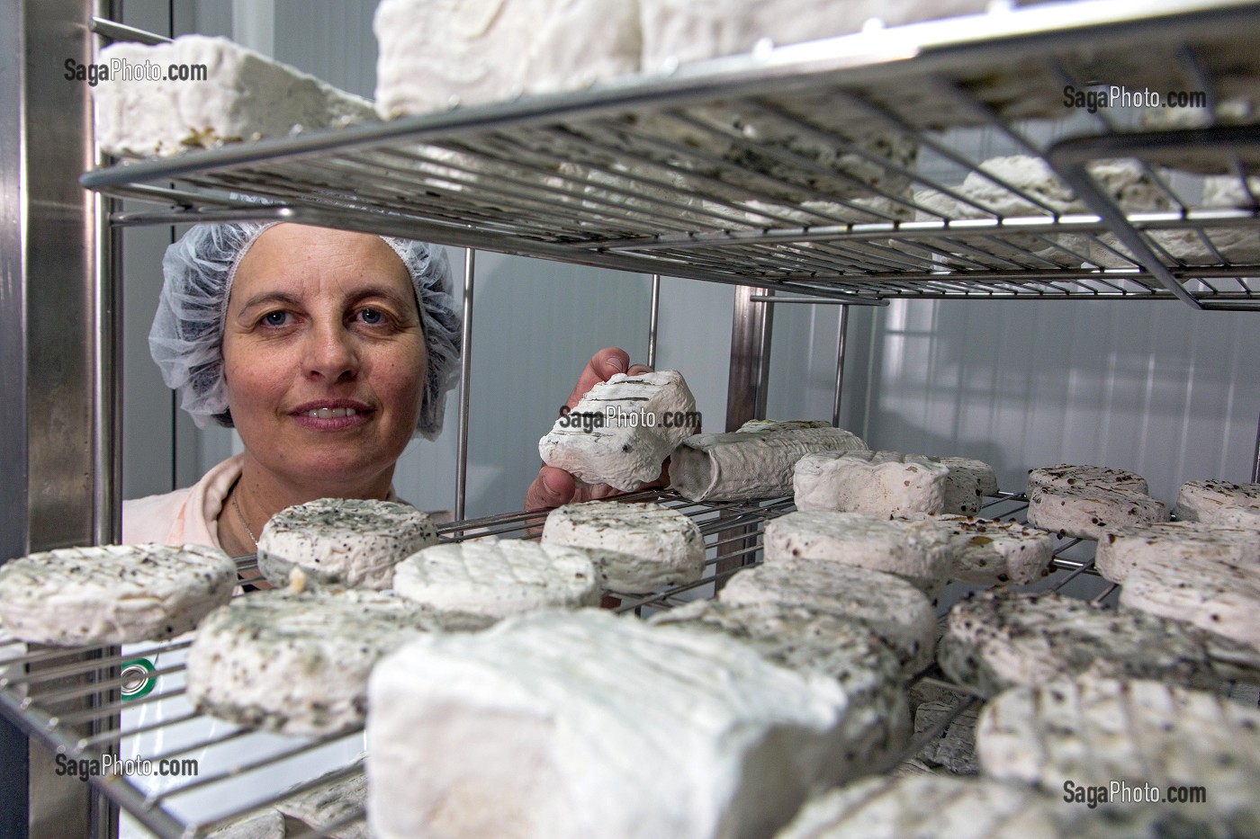 SYLVIE LHOSTE, ELEVEUSE DE CHEVRES ET FROMAGERE, DANS LA CHAMBRE FROIDE D'AFFINAGE, FROMAGERIE ARTISANALE DE LA FERME DE LA HUTTE, LONGNY-AU-PERCHE, ORNE (61), FRANCE 