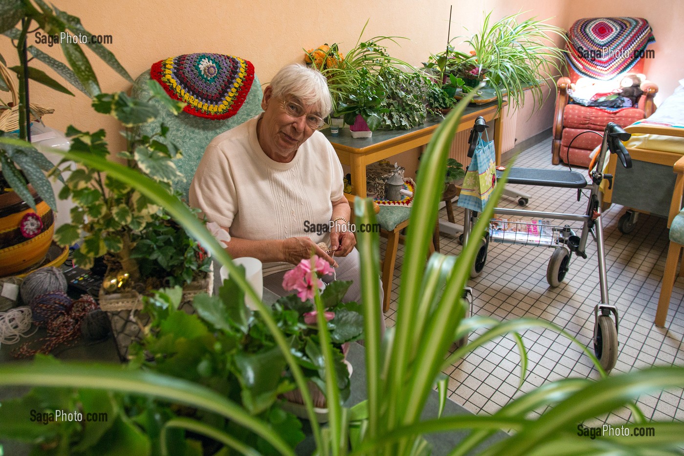 CHAMBRE D'UNE RESIDENTE AVEC SES PLANTES VERTES, EHPAD ANDRE COUTURIER, ETABLISSEMENT PUBLIC DU SUD DE L'EURE, HEBERGEMENT POUR PERSONNES AGEES INDEPENDANTES, RUGLES, EURE (27), FRANCE 