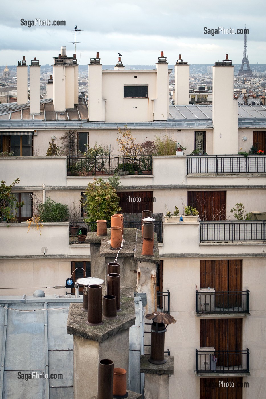 CHEMINEES D'IMMEUBLES SUR LE TOITS DE PARIS (75), FRANCE 