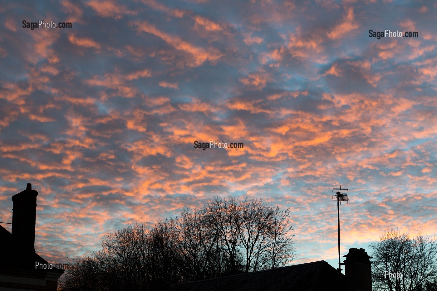 CIEL D'HIVER AVEC DES NUAGES ALTOCUMULUS AU COUCHER DU SOLEIL 