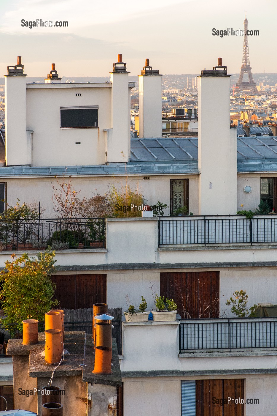 TOITS ET CHEMINEES DE PARIS AVEC LA TOUR EIFFEL, QUARTIER DES ABBESSES, RUE VERON, PARIS (75), FRANCE 