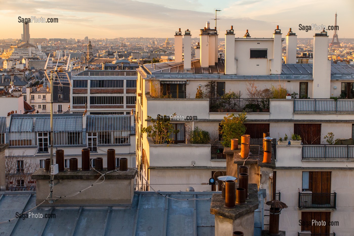 TOITS ET CHEMINEES DE PARIS AVEC LA TOUR EIFFEL, QUARTIER DES ABBESSES, RUE VERON, PARIS (75), FRANCE 