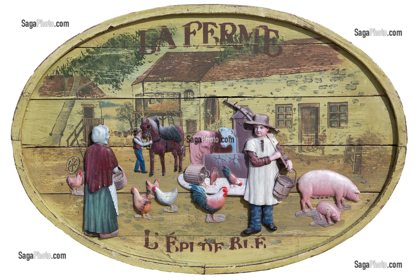 L'EPI DE BLE', PEINTURE SUR BOIS SCULPTE REPRESENTANT LA FERME DU DEBUT DU SIECLE DERNIER, AUTEUR ANONYME 