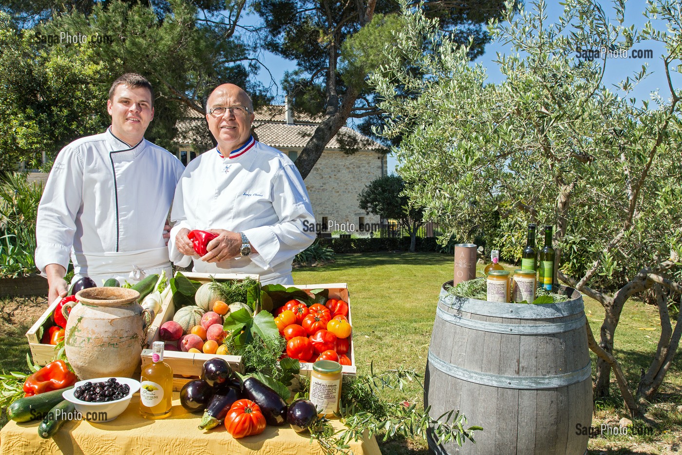CHEF ETOILE ET MEILLEUR OUVRIER DE FRANCE (MOF) SERGE CHENET ET SON FILS MAXIME, PRODUITS DE TERROIR DE PROVENCE, RESTAURANT 'ENTRE VIGNE ET GARRIGUE', PUJAUT (30) GARD, LANGUEDOC-ROUSSILLON 