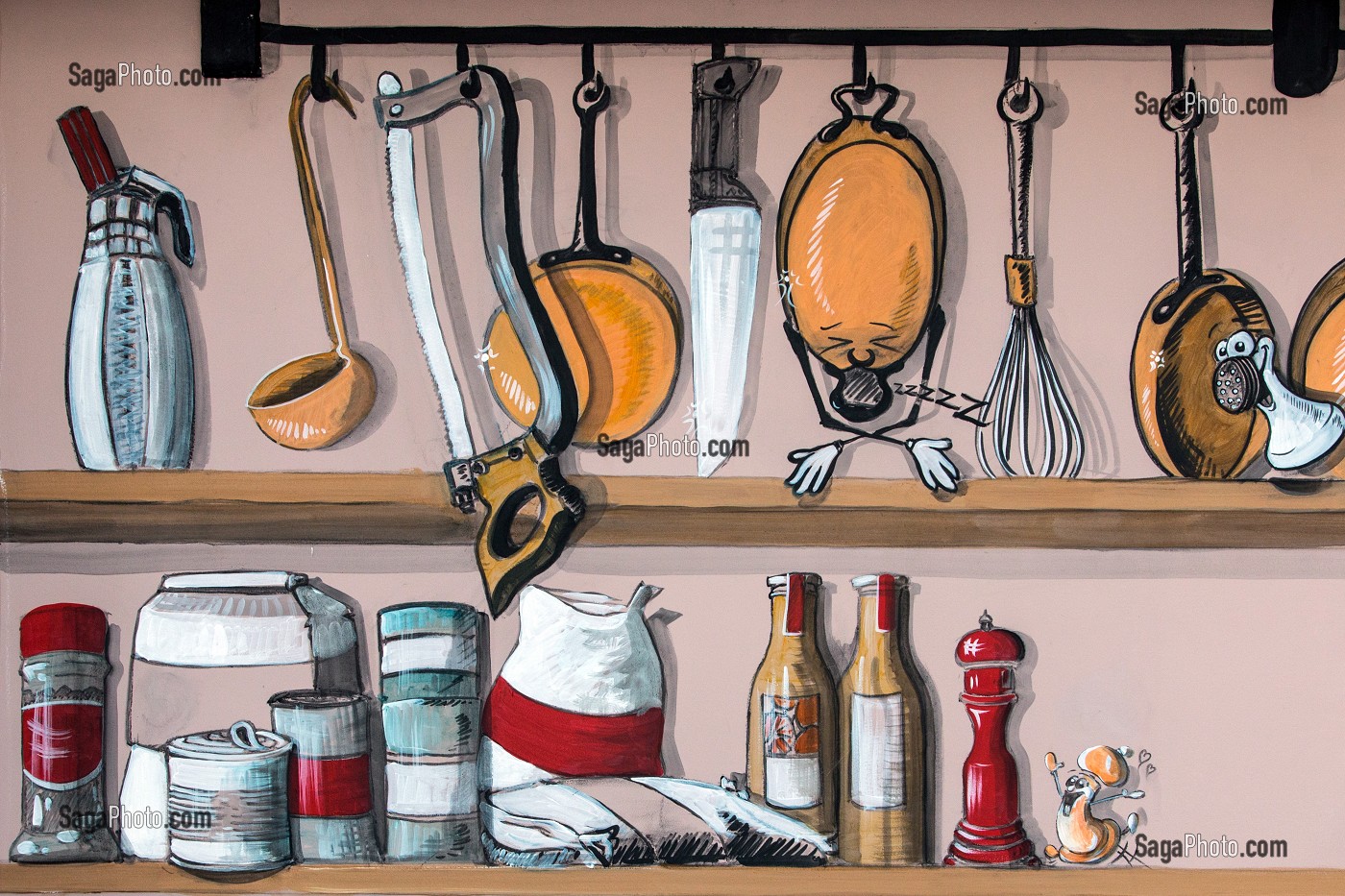 FRESQUES DE PATRICK VIETTE, ATELIER DE CUISINE DU 11, COURS GABRIEL TENU PAR LE CHEF ETOILE LAURENT CLEMENT, CHARTRES, (28) EURE-ET-LOIR, CENTRE, FRANCE 