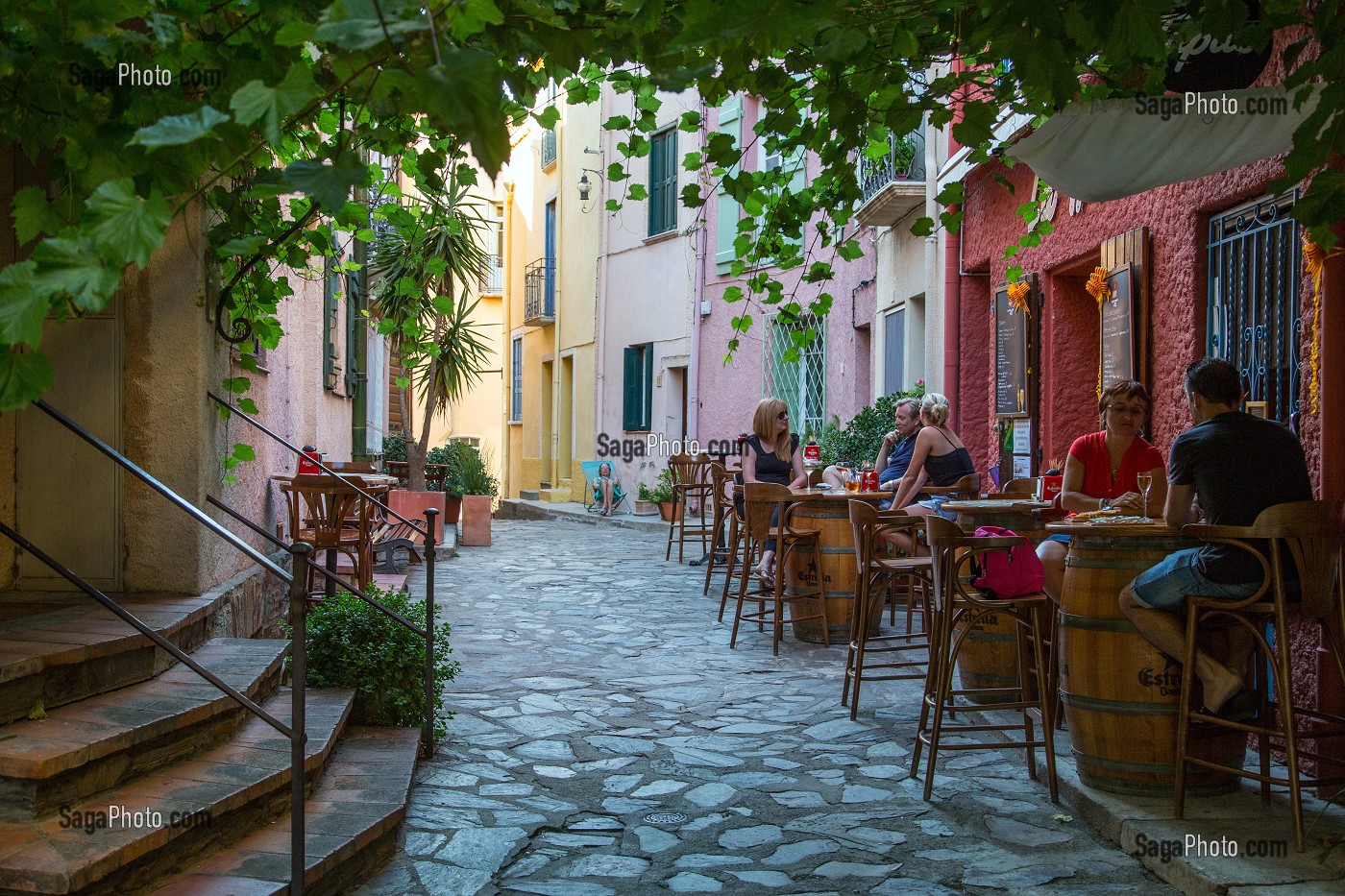 TERRASSE DE CAFE DANS LA RUE DES TREILLES, MAISONS AUX FACADES COLOREES, VILLE DE COLLIOURE, (66) PYRENEES-ORIENTALES, LANGUEDOC-ROUSSILLON, FRANCE 