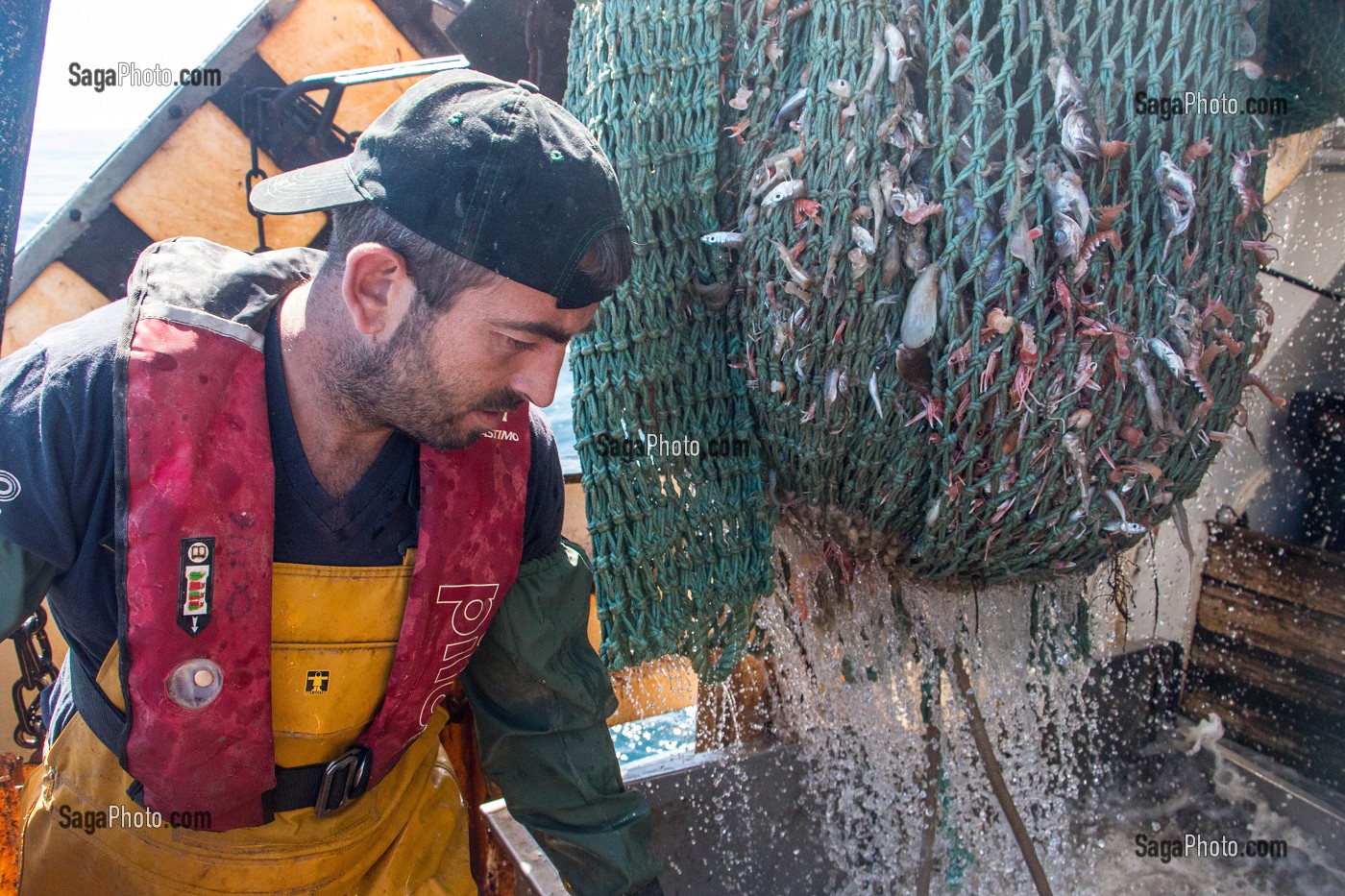 MARINS EN ACTION POUR DEVERSER LES POISSONS ET LANGOUSTINES VIVANTES DU FILET SUR LA TABLE DE TRI, PECHE EN MER SUR UN CHALUTIER A LA LANGOUSTINE 'LE QUENTIN-GREGOIRE' AU LARGE DES SABLES-D'OLONNE (85), FRANCE 