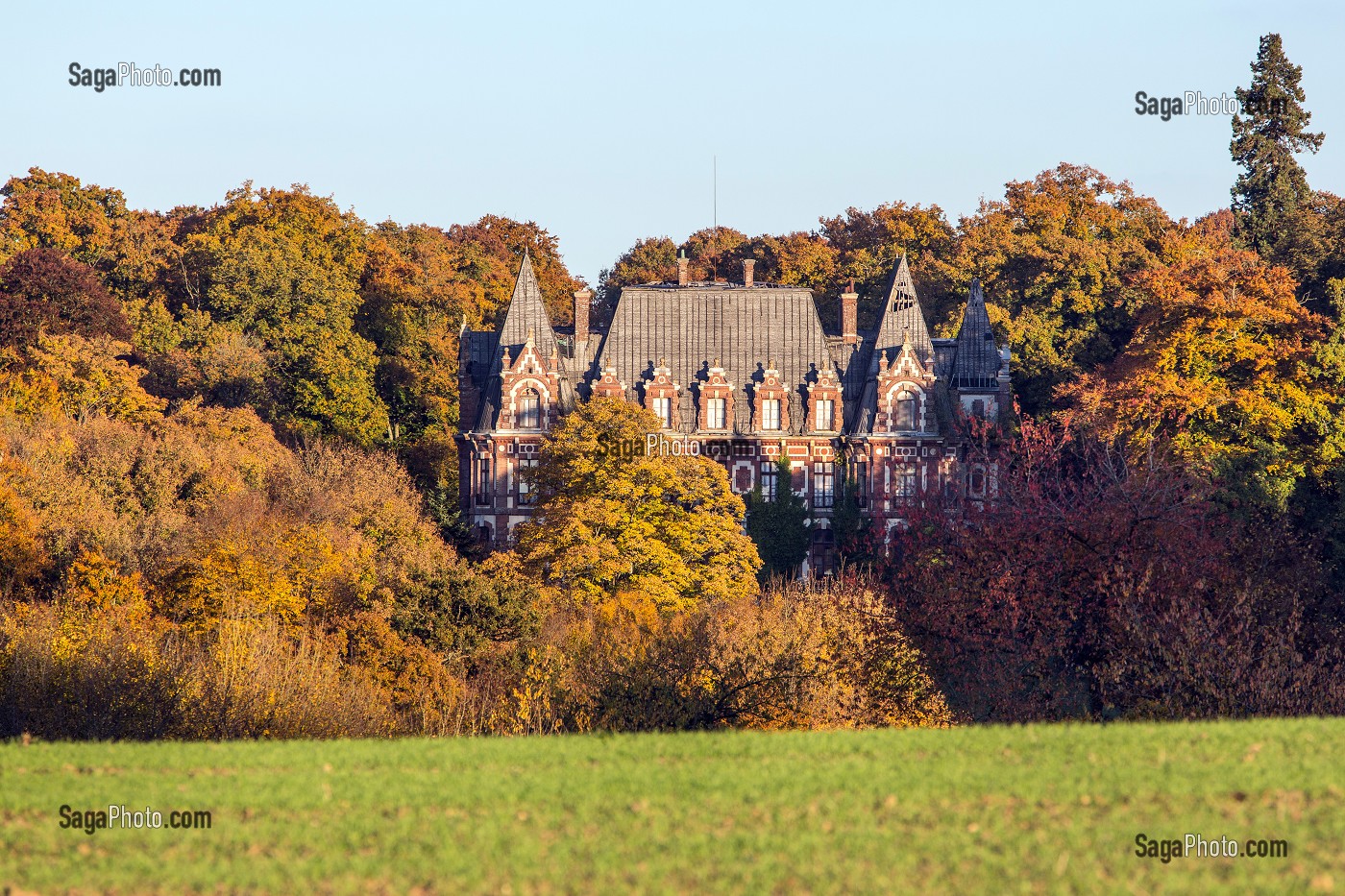 CHATEAU DE L'HERMITE ABANDONNE DANS LES COULEURS DE LA FORET D'AUTOMNE, REGION DE RUGLES (27), FRANCE 