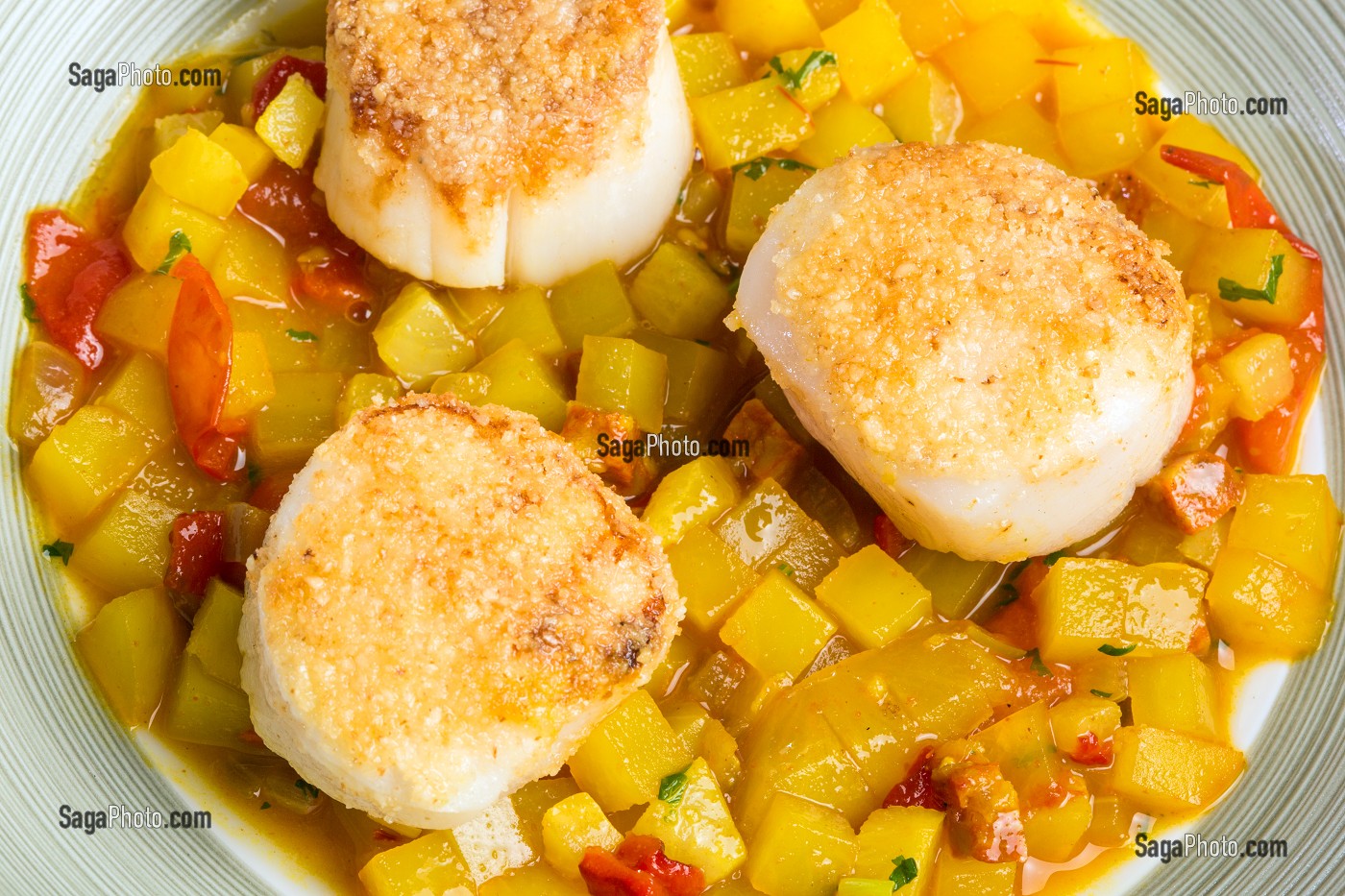 COQUILLES SAINT-JACQUES EN MINESTRONE DE POMMES DE TERRE, RECETTE DE LAURENT CLEMENT, LIVRE DES RECETTES DE TERROIR EN EURE-ET-LOIR (28), FRANCE 