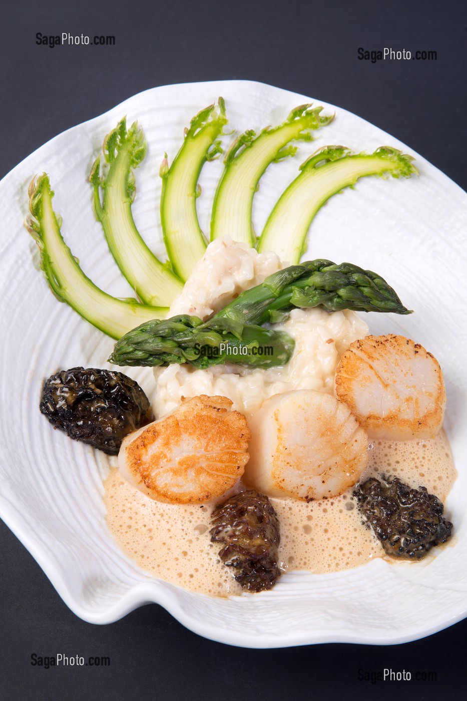 RISOTTO D’ASPERGES AUX COQUILLES ST JACQUES ET MORILLES, RECETTE DE LAURENT CLEMENT, LIVRE DES RECETTES DE TERROIR EN EURE-ET-LOIR (28), FRANCE 