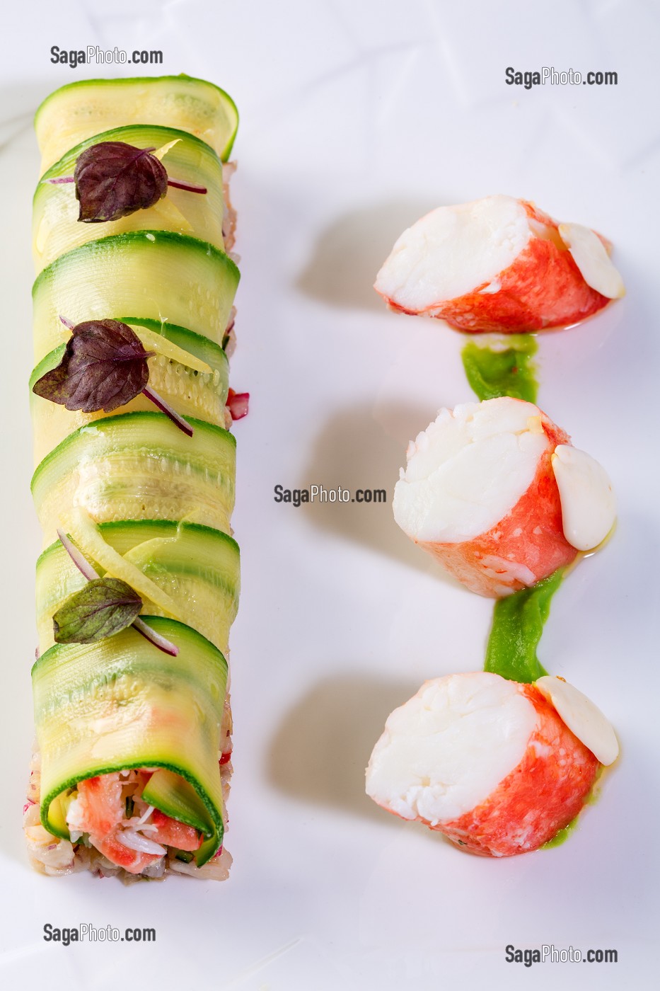 CANNELLONI DE COURGETTE ET KING CRAB ET RISOTTO FROID AUX AROMATES, RECETTE DE LAURENT CLEMENT, LIVRE DES RECETTES DE TERROIR EN EURE-ET-LOIR (28), FRANCE 