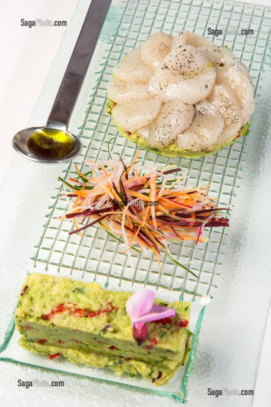 MARINADE DE ST JACQUES A L’HUILE DE COLZA ET VANILLE, GUACAMOLE DE PETITS POIS, RECETTE DE LAURENT CLEMENT, LIVRE DES RECETTES DE TERROIR EN EURE-ET-LOIR (28), FRANCE 