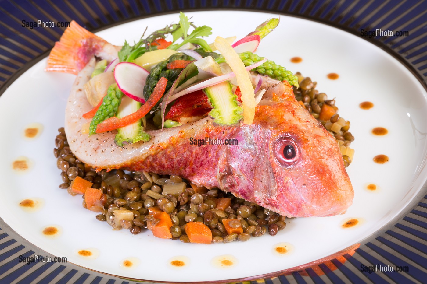 ROUGET EN VINAIGRETTE DE LENTILLES ET PRIMEURS, RECETTE DE LAURENT CLEMENT, LIVRE DES RECETTES DE TERROIR EN EURE-ET-LOIR (28), FRANCE 
