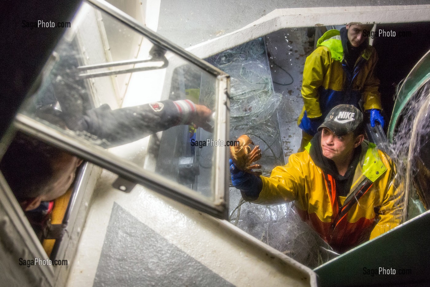 MARIN AVEC UN TOURTEAU A LA MAIN, PECHE EN MER SUR LE FILEYEUR 'LES OCEANES' AU LARGE DE LORIENT (56), BRETAGNE, FRANCE 