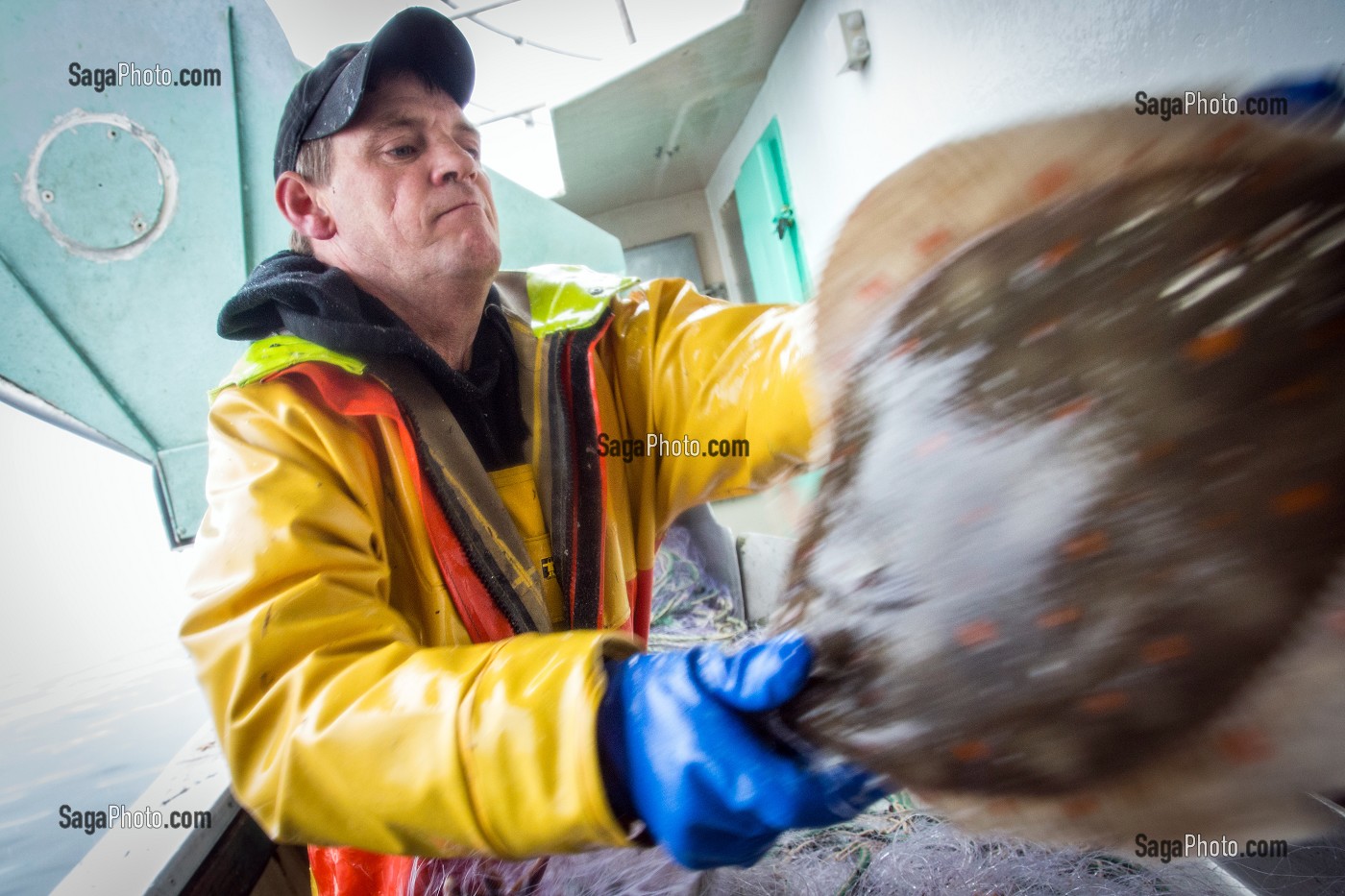 MARIN AVEC UN CARRELET DEVANT LA TABLE DE TRI, PECHE EN MER SUR LE FILEYEUR 'LES OCEANES' AU LARGE DE LORIENT (56), BRETAGNE, FRANCE 