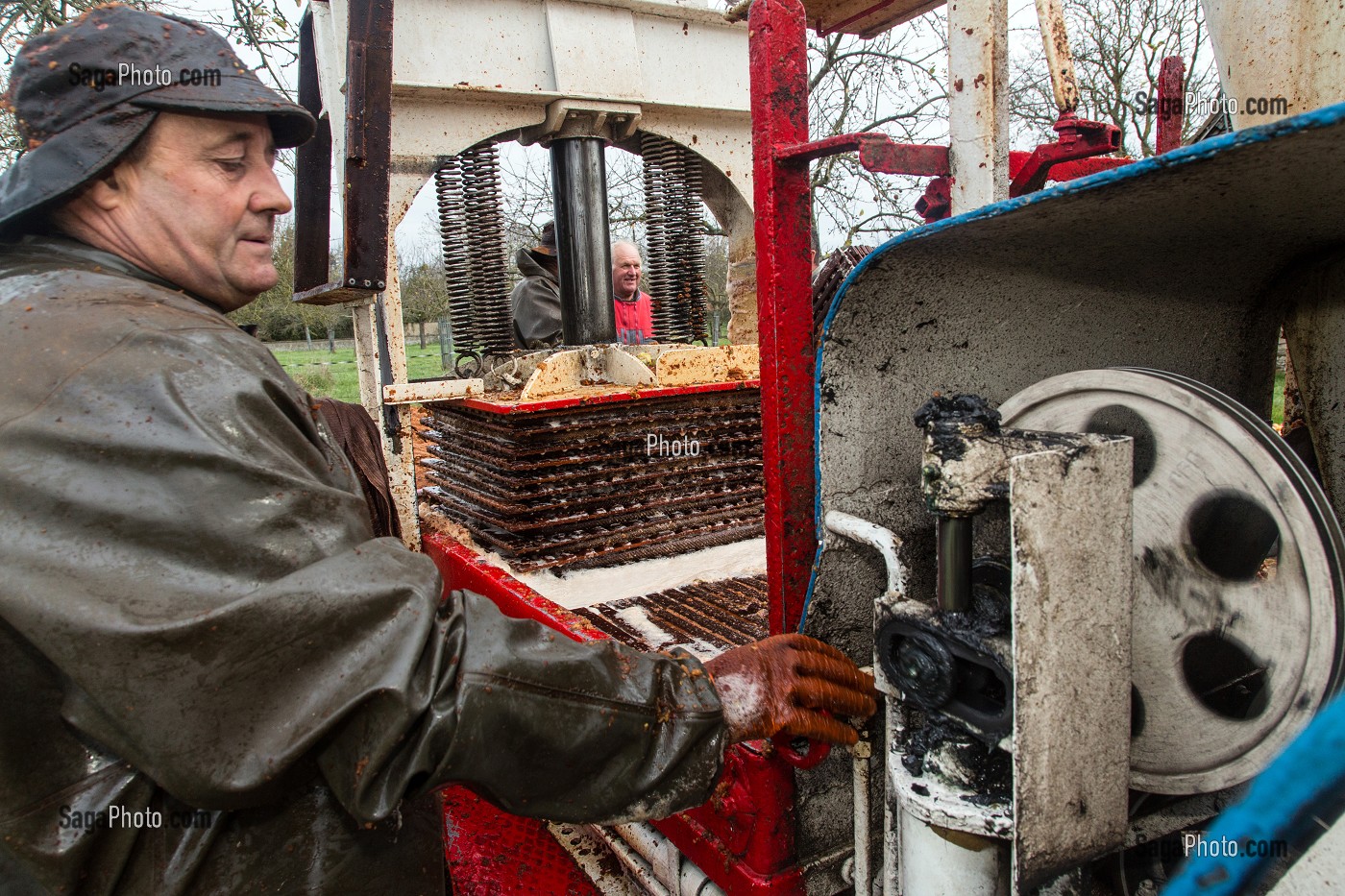 MANOEUVRE DU MOTEUR DU PRESSOIR, FABRICATION DU CIDRE FERMIER, EXPLOITATION AGRICOLE DE CLAUDE COURBE, RUGLES (27), FRANCE 