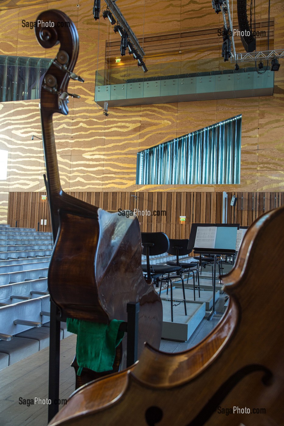 CONTREBASSES DANS LA SALLE DE CONCERT, CASA DA MUSICA (MAISON DE LA MUSIQUE), ARCHITECTE REM KOOLHAAS, PORTO, PORTUGAL 