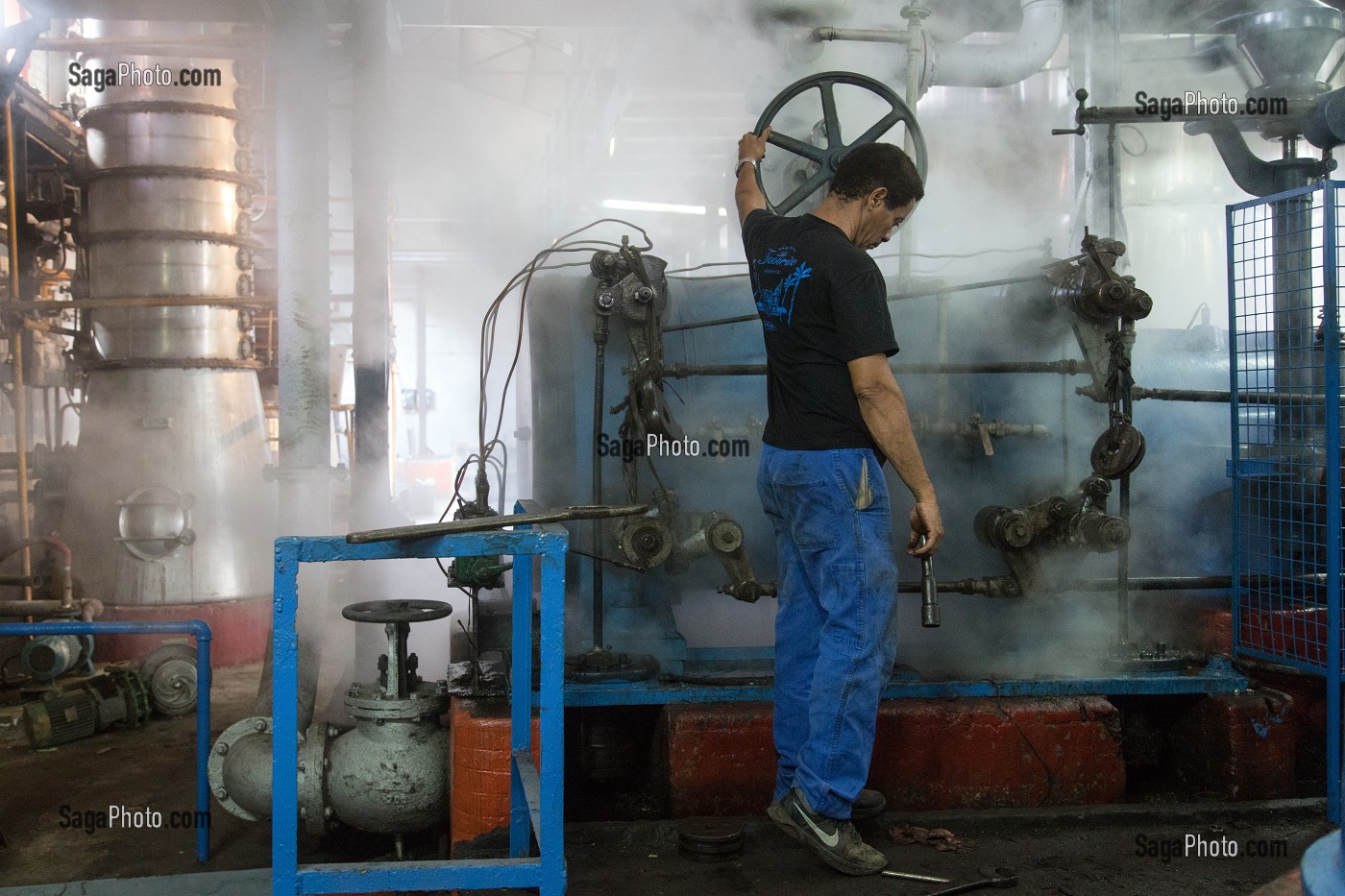 PISTON A VAPEUR DE LA MACHINE POUR BROYER ET EXTRAIRE LE JUS DE CANNE A SUCRE, DISTILLERIE DE RHUM LA FAVORITE, FORT-DE-FRANCE, MARTINIQUE, ANTILLES FRANCAISES, FRANCE 