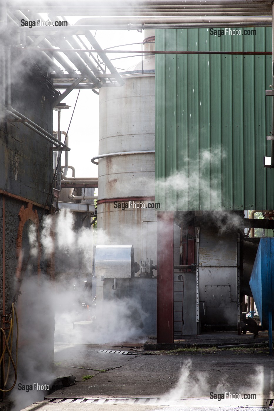 VAPEUR D'EAU DES COLONNE DE DISTILLATION, DISTILLERIE MARTINIQUAISE DE RHUM DES PLANTATIONS SAINT-JAMES, SAINTE-MARIE, MARTINIQUE, ANTILLES FRANCAISES, FRANCE 