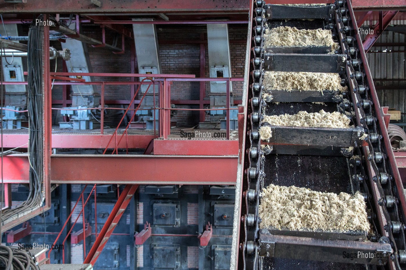 RECUPERATION DES FIBRES DE CANNE A SUCRE POUR ALIMENTER LES FOURS DE LA DISTILLERIE MARTINIQUAISE DE RHUM DES PLANTATIONS SAINT-JAMES, SAINTE-MARIE, MARTINIQUE, ANTILLES FRANCAISES, FRANCE 