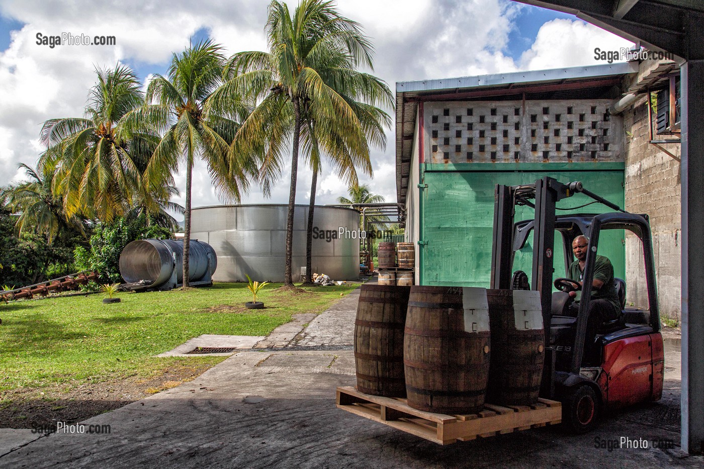 TRANSPORT DES TONNEAUX (VIEUX FUTS) DE RHUM, DISTILLERIE MARTINIQUAISE DES PLANTATIONS SAINT-JAMES, SAINTE-MARIE, MARTINIQUE, ANTILLES FRANCAISES, FRANCE 