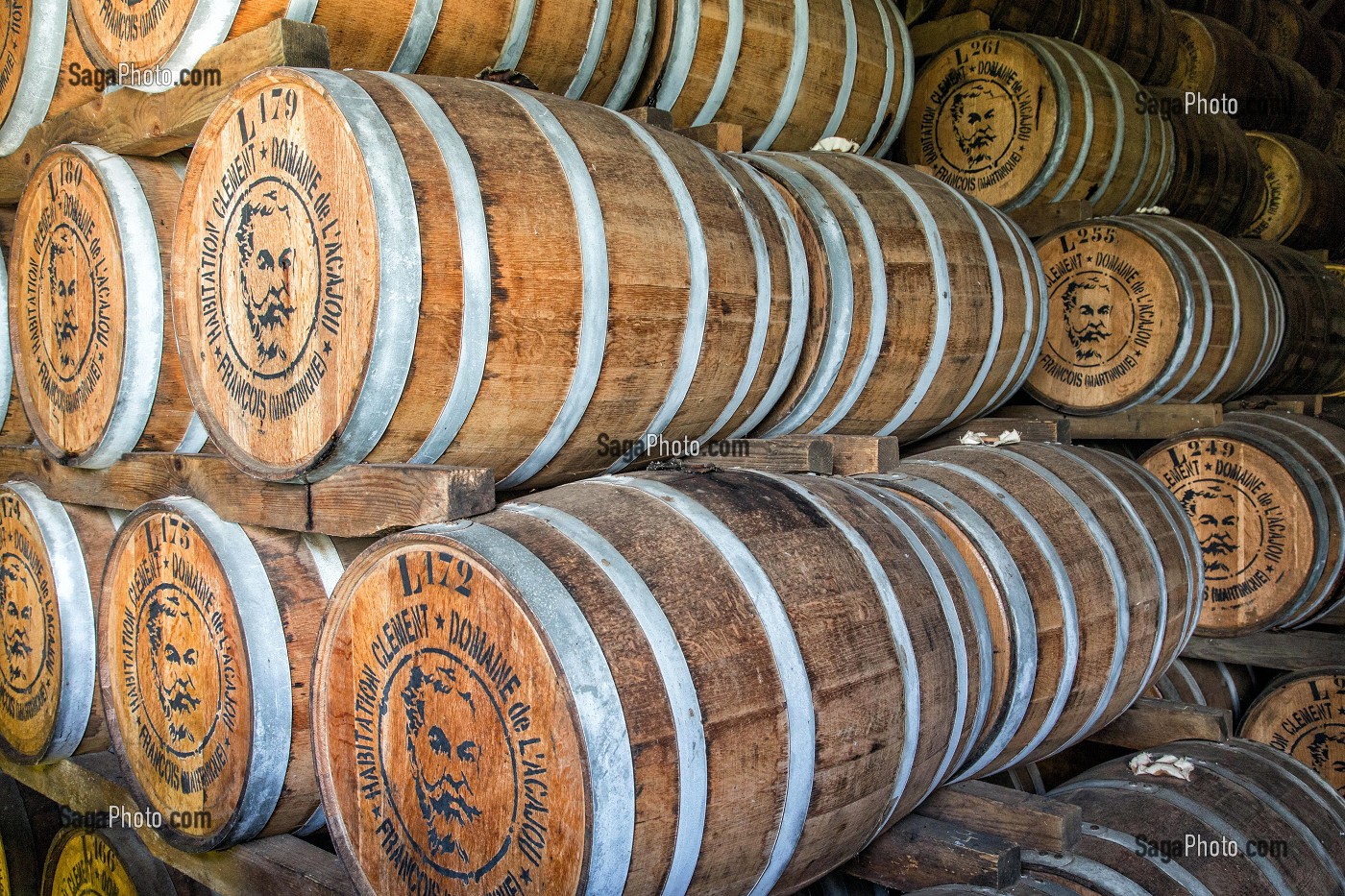 FUT DE RHUM EN CHENE DANS LA CAVE DE VIEILLISSEMENT, HABITATION CLEMENT, DOMAINE DE L'ACAJOU, LE FRANCOIS, MARTINIQUE, ANTILLES FRANCAISES, FRANCE 