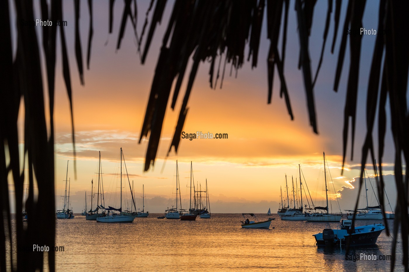 COUCHER DE SOLEIL SUR LES BATEAUX DE LA GRANDE ANSE D'ARLET, LES-ANSES-D'ARLET, MARTINIQUE, ANTILLES FRANCAISES, FRANCE 