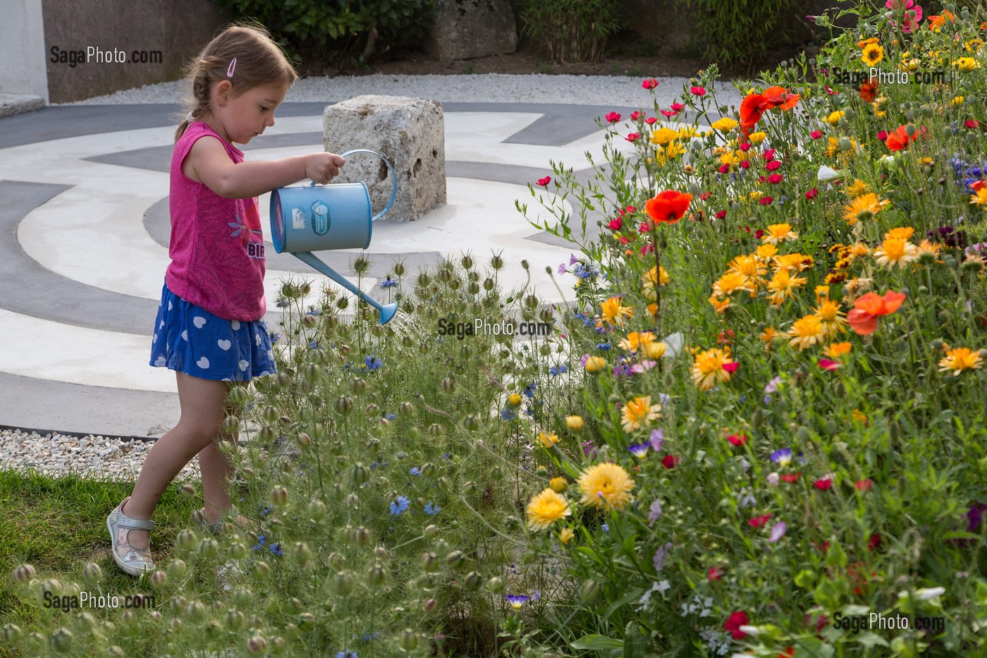ENFANT QUI ARROSE LES PLANTES, GRAND GITE DE CHARTRES, MESLAY-LE-GRENET (28), FRANCE 