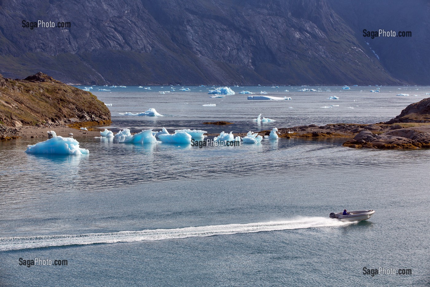 ICEBERGS  DETACHES DES LANGUES GLACIERES, ENTREE DU FJORD DE LA BAIE DE NARSAQ, GROENLAND 