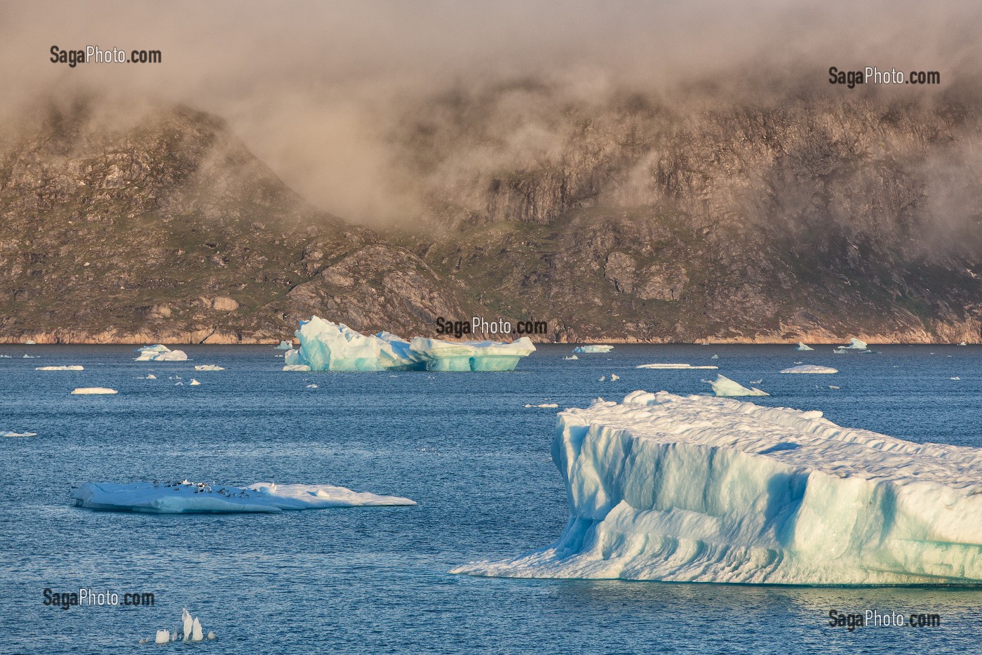 PAYSAGE POLAIRE AVEC LES ICEBERGS FLOTTANT DANS LE FJORD DE LA BAIE DE NARSAQ, GROENLAND 