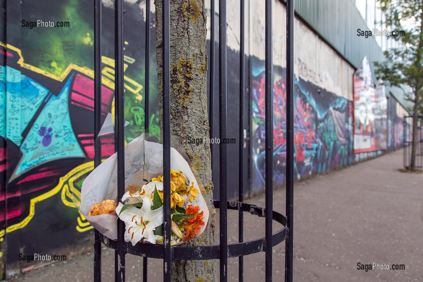 BOUQUET DE FLEURS EN HOMMAGE AUX VICTIMES, FRESQUES MURALES SUR LE MUR DE LA PAIX (PEACE LINE) SEPARANT LE QUARTIER PROTESTANT SHANKILL DE FALLS CATHOLIQUE, SPRINGMARTIN ROAD, QUARTIER OUEST, BELFAST, ULSTER, IRLANDE DU NORD 