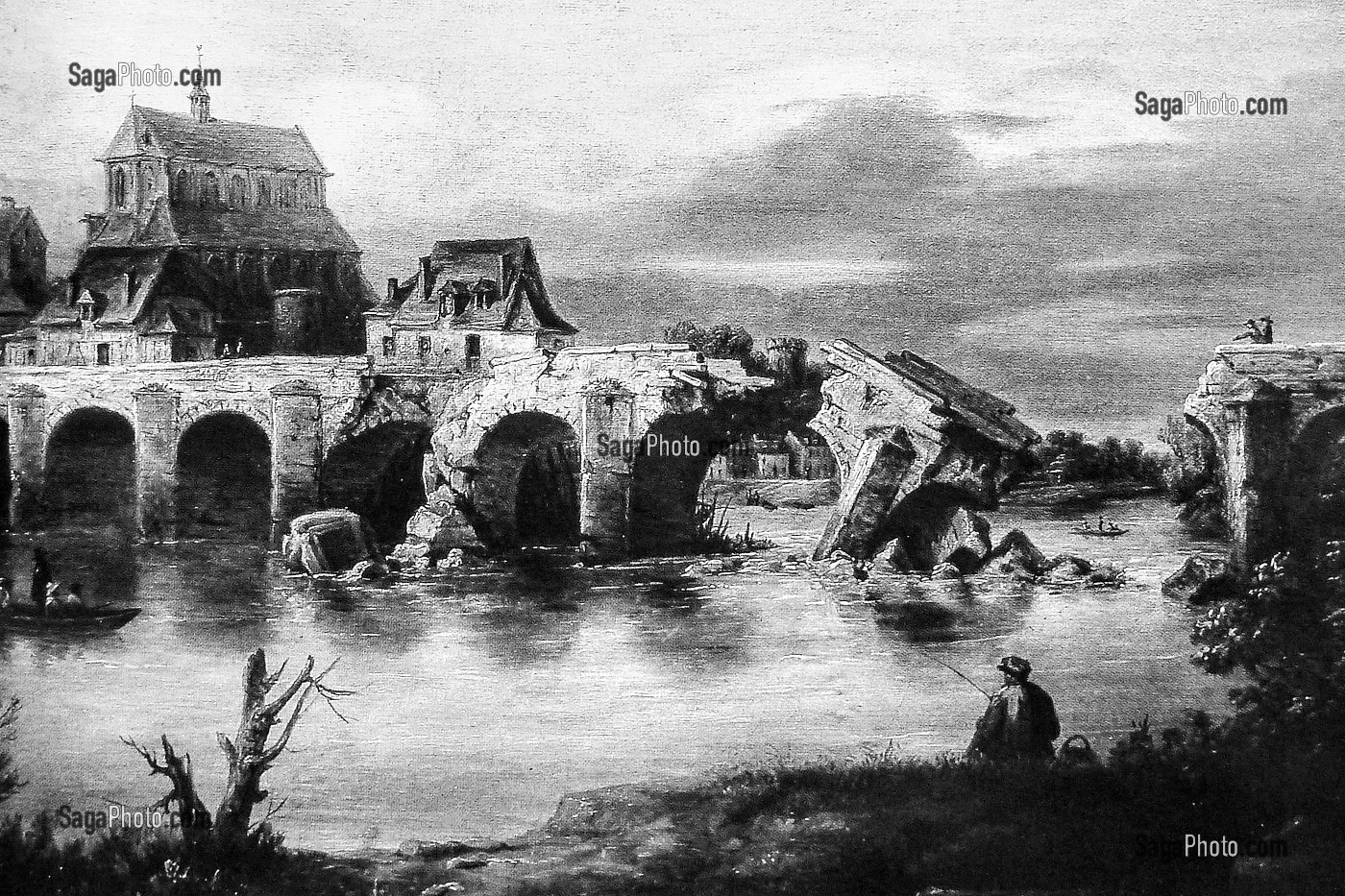 ILLUSTRATION DE L'EFFONDREMENT DU PONT-DE-L'ARCHE S'APRES UNE TOILE DE JACQUES-PHILIPPE RENOUT VERS 1850, VILLE DE PONT-DE-L'ARCHE (27), FRANCE 