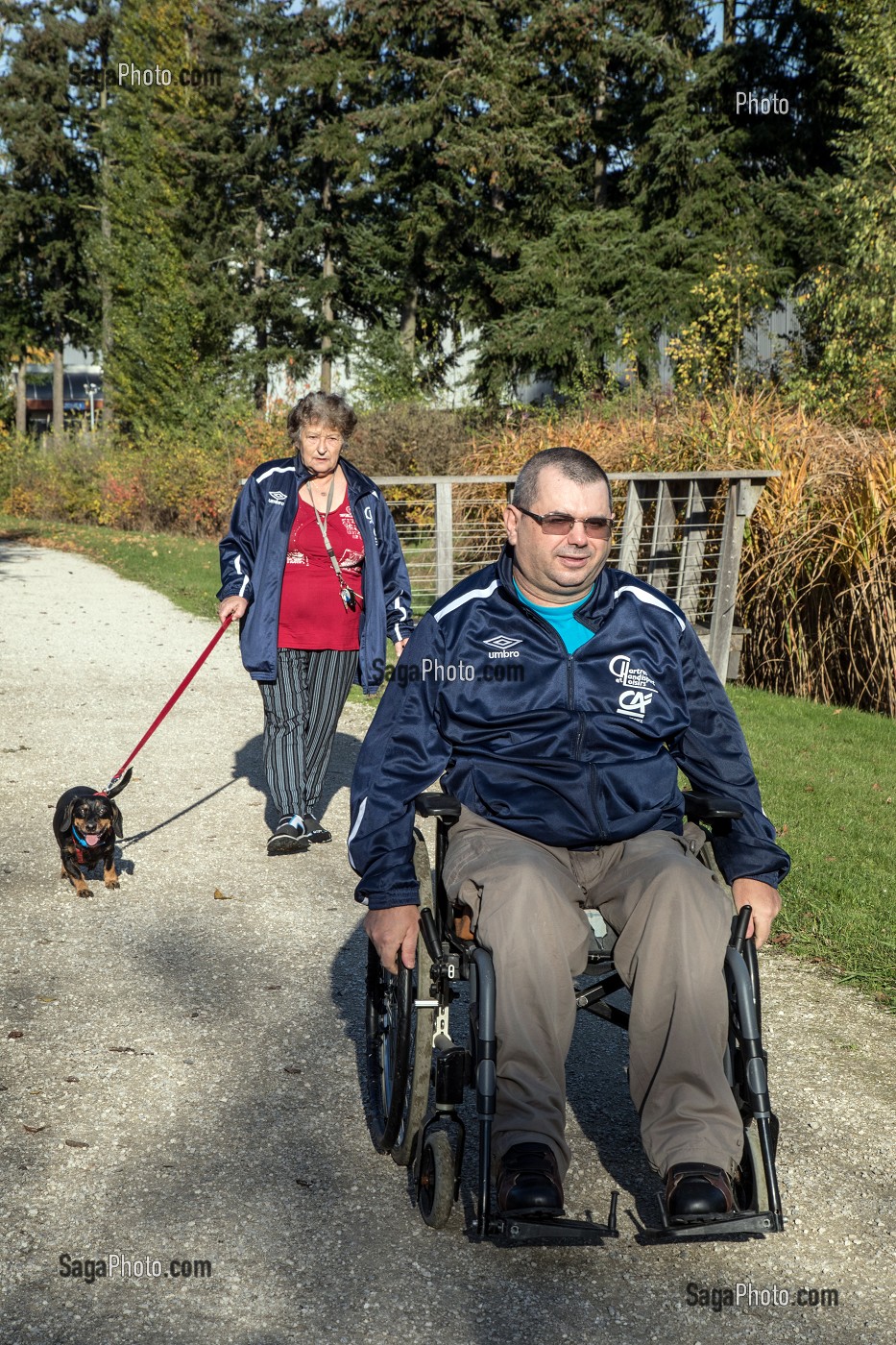 HOMME HANDICAPE PHYSIQUE DANS SON FAUTEUIL ROULANT AVEC SA FEMME ET SON CHIEN DANS LE PARC, CHARTRES (28), FRANCE 