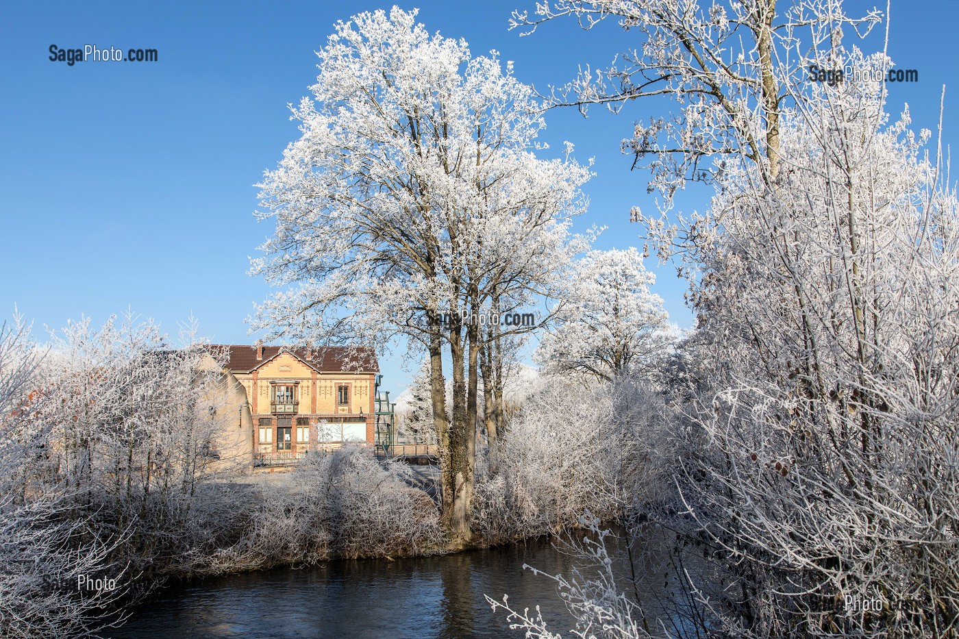 MOULIN A EAU DE LA FENDERIE (ANCIENNE FORGE) SUR LES BORDS DE LA RISLE, GIVRE DANS LES ARBRES BLANCS EN HIVER, RUGLES (27), FRANCE 