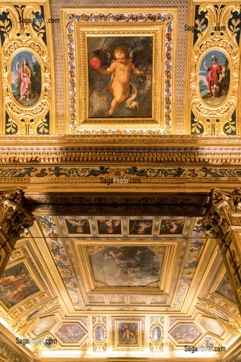 PLAFOND EN BOIS PEINT DE LA SALLE DU LIVRE D'OR, INTERIEUR DU SENAT, PALAIS DU LUXEMBOURG, CHAMBRE HAUTE DU PARLEMENT FRANCAIS, PARIS (75), FRANCE 