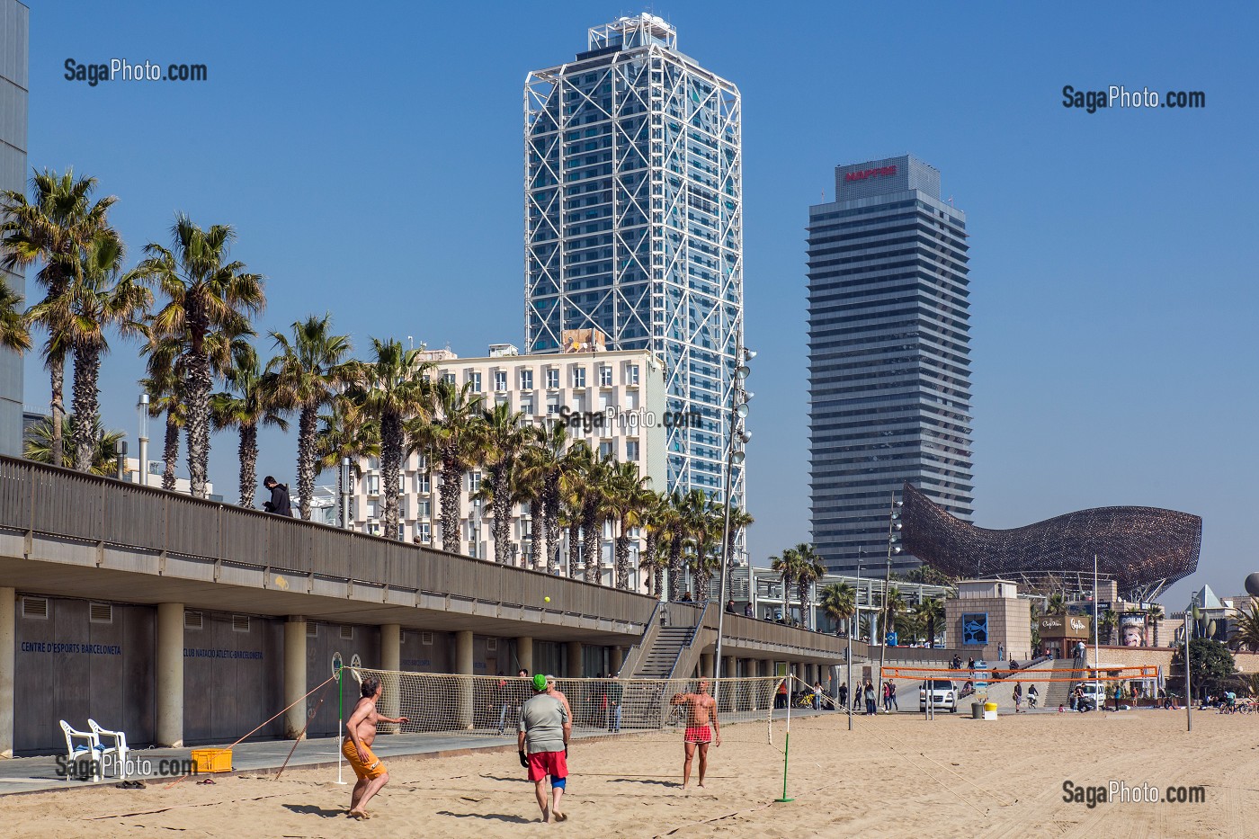 JEU DE PLAGE AVEC LA LA BALEINE DE BRONZE (BALENA IN BRONZO) DE L'ARCHITECTE FRANCK GERHY, PASSEIG MARITIM DE LA BARCELONETA, BARCELONE, CATALOGNE, ESPAGNE 