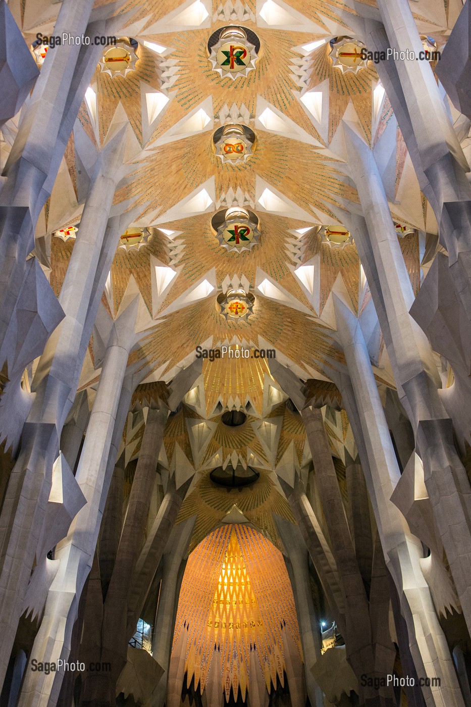 PLAFOND DE LA NEF CENTRALE AVEC SES CLES DE VOUTE PERFOREES, BASILIQUE LA SAGRADA FAMILIA, TEMPLE EXPIATORI, BARCELONE, CATALOGNE, ESPAGNE 