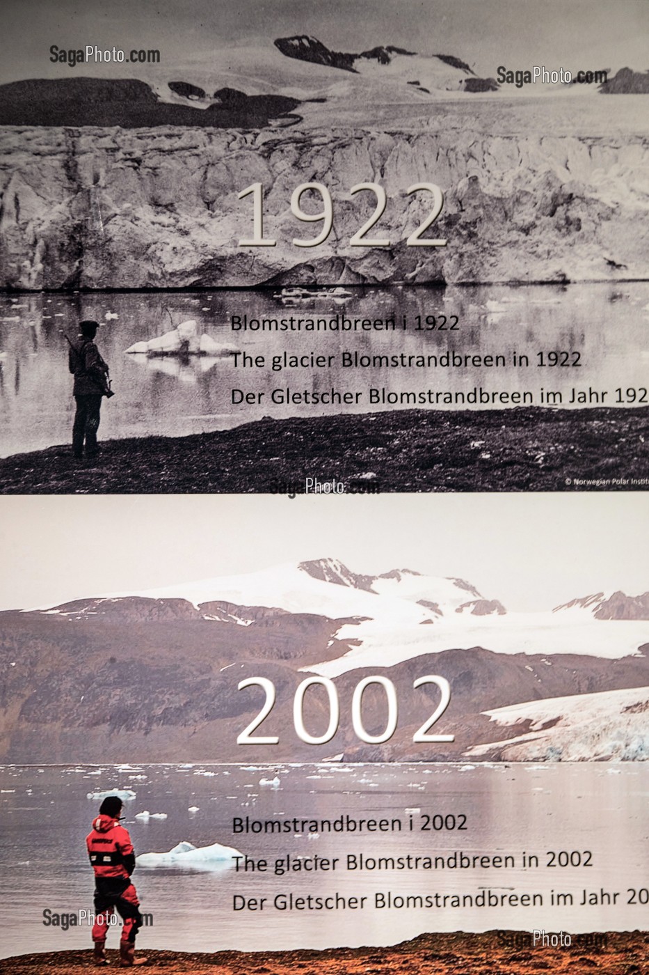 FONTE DES GLACIERS EN 80 ANS, MUSEE POLAIRE DU VILLAGE DE NY ALESUND, LOCALITE LA PLUS AU NORD DU MONDE (78 56N), SPITZBERG, SVALBARD, OCEAN ARCTIQUE, NORVEGE 