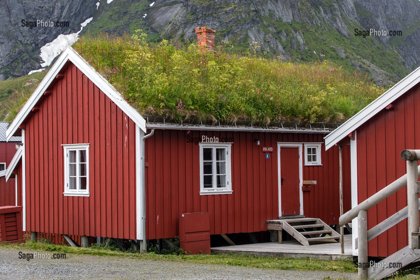 MAISONS TRADITIONNELLES EN BOIS DE COULEUR ROUGE, TOIT VEGETALISE POUR ISOLATION THERMIQUE, VILLAGE DE REINE, ILES LOFOTEN, NORVEGE 