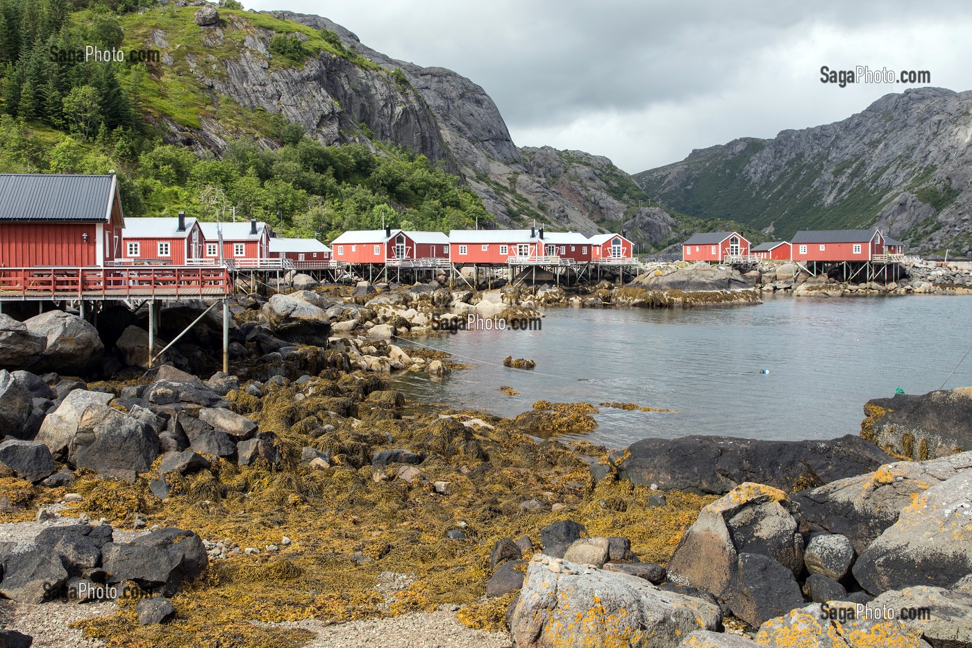 MAISONS DE PECHEURS TRADITIONNELLES EN BOIS DE COULEUR ROUGE, NUSFJORD, FJORD DE VESTFJORD, ILES LOFOTEN, NORVEGE 